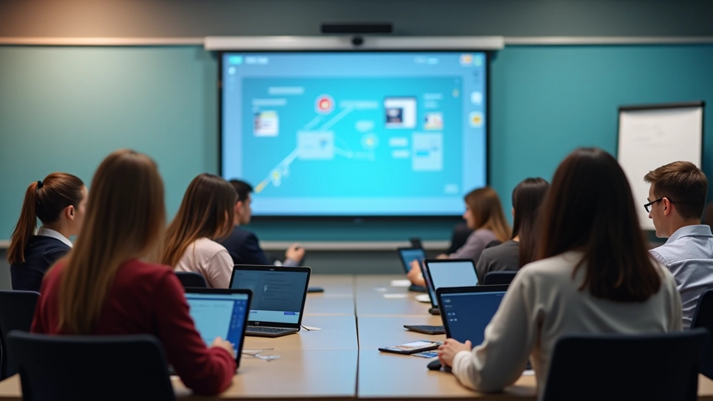 Yapay zeka destekli eğitim ortamında öğrenciler ve öğretmen, modern sınıf teknolojisi, interaktif tahta