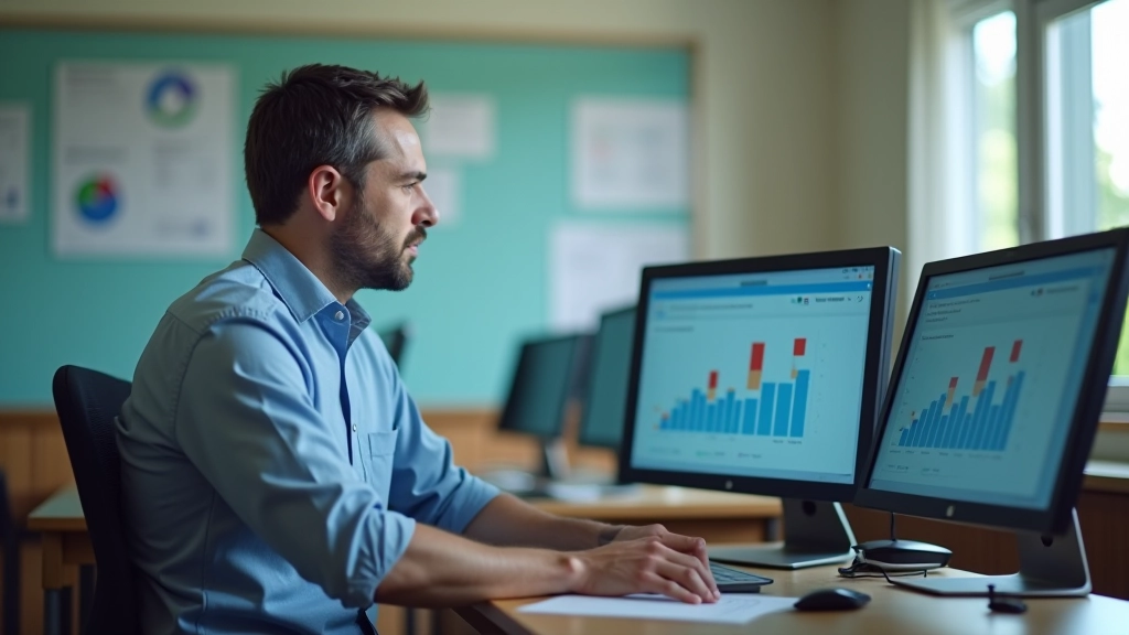 Öğretmen masasında bilgisayar monitörü, öğrenci analitik panosu ve değerlendirme raporları gösterilir