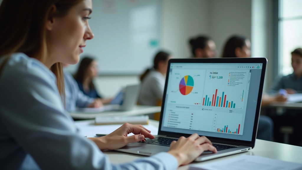 Öğretmen masasında bilgisayar, otomatik değerlendirme sistemi ekranı, eğitim analitiği