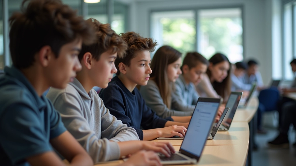 Genç Türk öğrenciler bilgisayar laboratuvarında programlama ve teknoloji öğreniyor, gelecek için hazırlanıyor